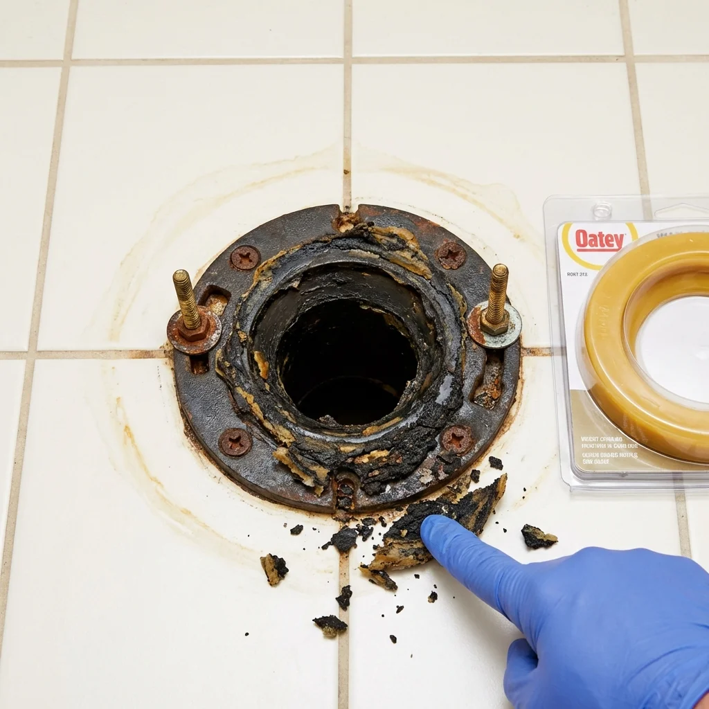 Failed wax ring showing water seepage at the base of a toilet in a Wellington, OH home