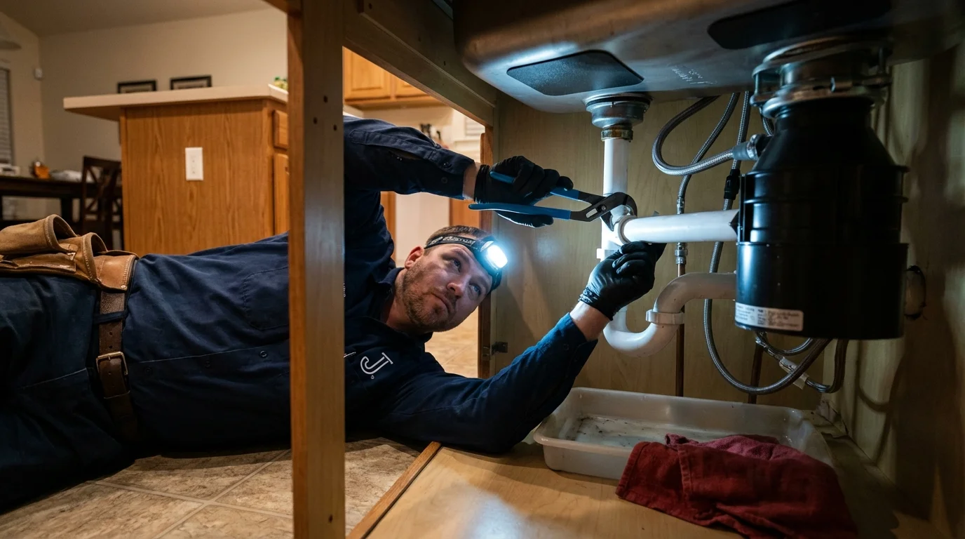 P-trap and supply line connections under a kitchen sink showing a common leak point in Wellington, OH
